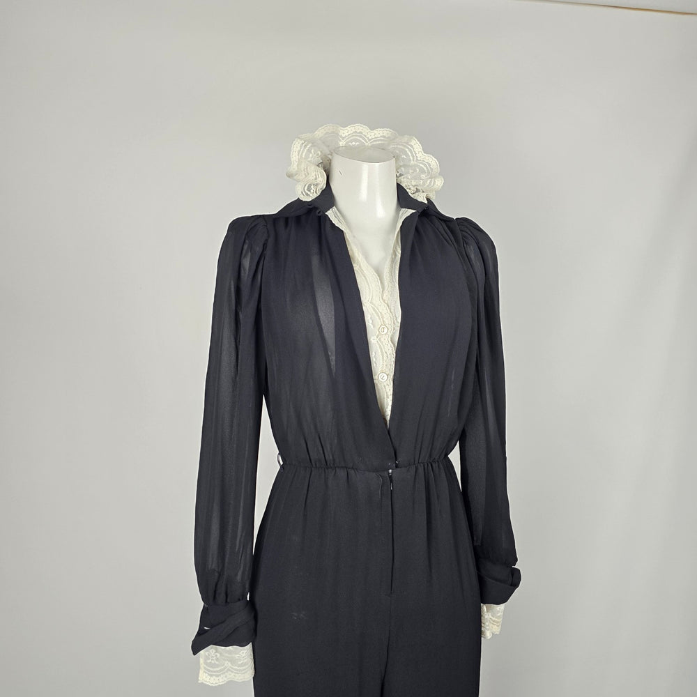 Vintage Joseph Ribkoff Black Sheer Lace Ruffle Collar Jumpsuit Long Sleeve - Size 5