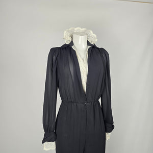 Vintage Joseph Ribkoff Black Sheer Lace Ruffle Collar Jumpsuit Long Sleeve - Size 5