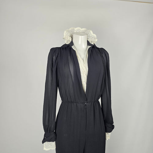 Vintage Joseph Ribkoff Black Sheer Lace Ruffle Collar Jumpsuit Long Sleeve - Size 5