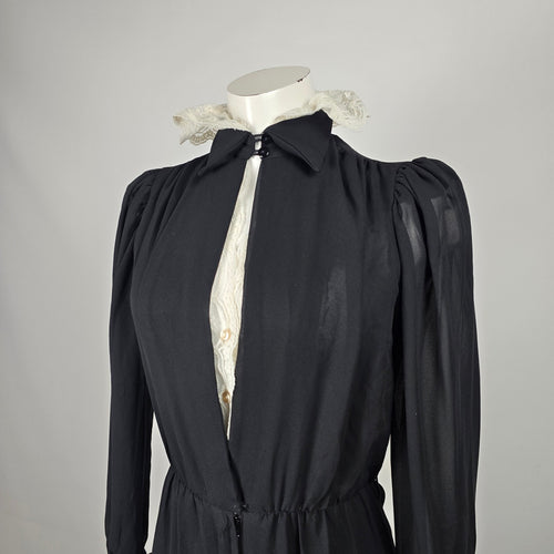 Vintage Joseph Ribkoff Black Sheer Lace Ruffle Collar Jumpsuit Long Sleeve - Size 5