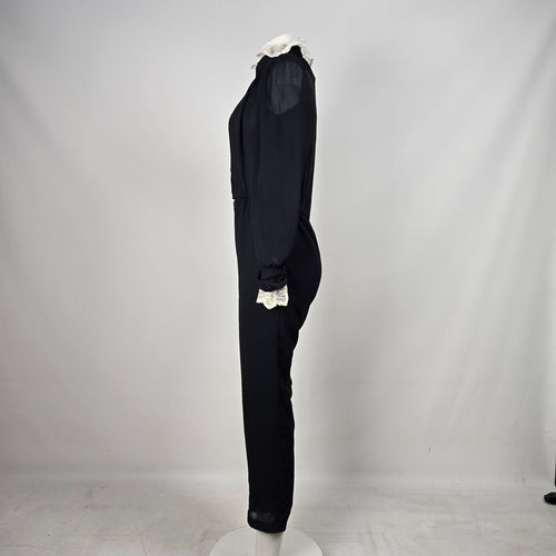 Vintage Joseph Ribkoff Black Sheer Lace Ruffle Collar Jumpsuit Long Sleeve - Size 5