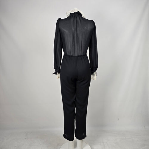 Vintage Joseph Ribkoff Black Sheer Lace Ruffle Collar Jumpsuit Long Sleeve - Size 5