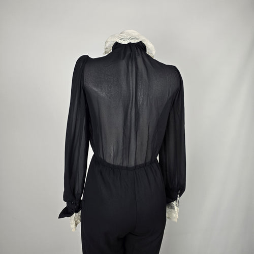 Vintage Joseph Ribkoff Black Sheer Lace Ruffle Collar Jumpsuit Long Sleeve - Size 5