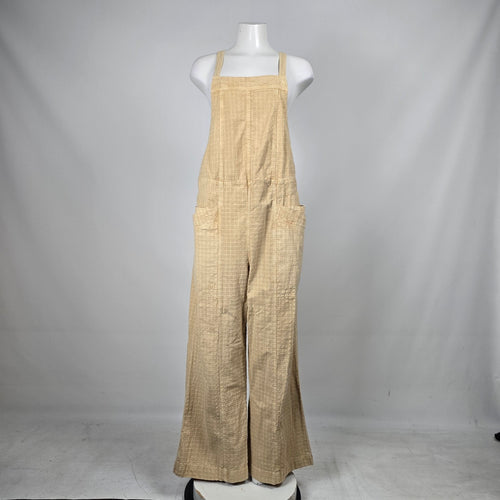 Free People Savanna Beige Textured Wide Leg Utility Overalls Jumpsuit - Size M