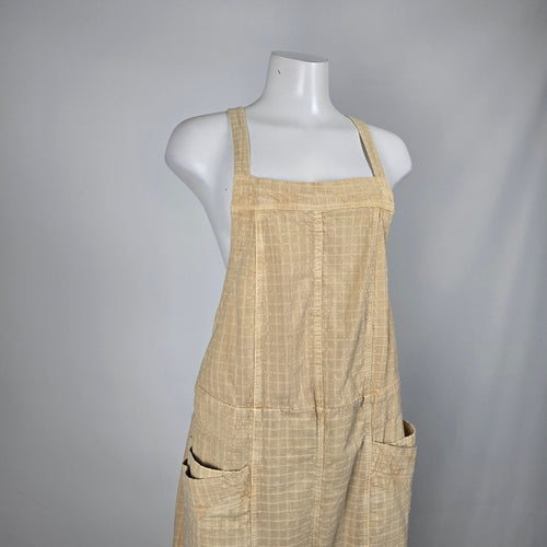 Free People Savanna Beige Textured Wide Leg Utility Overalls Jumpsuit - Size M