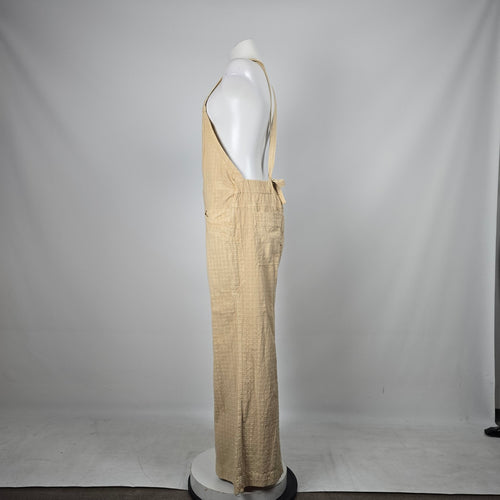 Free People Savanna Beige Textured Wide Leg Utility Overalls Jumpsuit - Size M