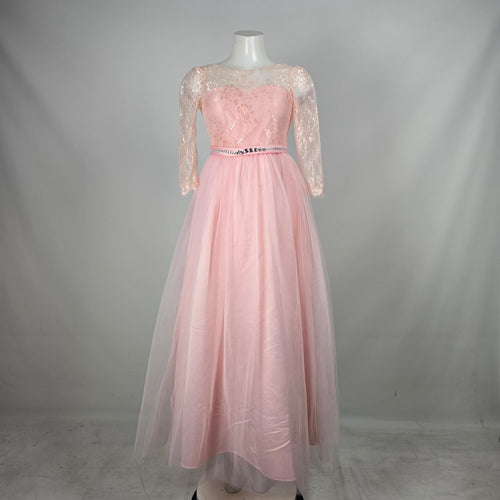 Blush Pink Lace Long Sleeve Tulle Formal Maxi Gown with Rhinestone Waist - Size XS-S