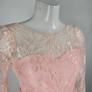 Blush Pink Lace Long Sleeve Tulle Formal Maxi Gown with Rhinestone Waist - Size XS-S