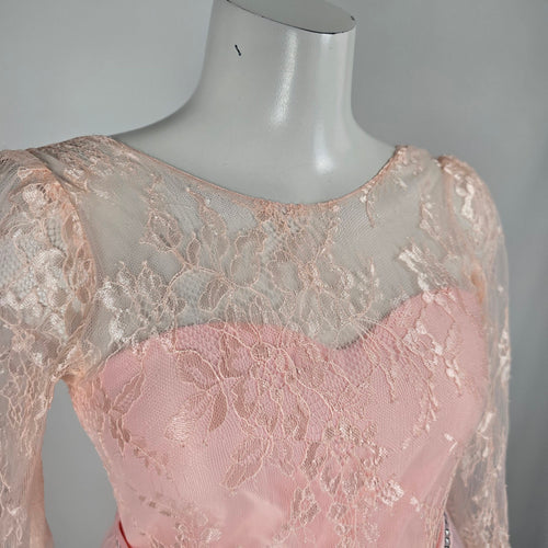 Blush Pink Lace Long Sleeve Tulle Formal Maxi Gown with Rhinestone Waist - Size XS-S