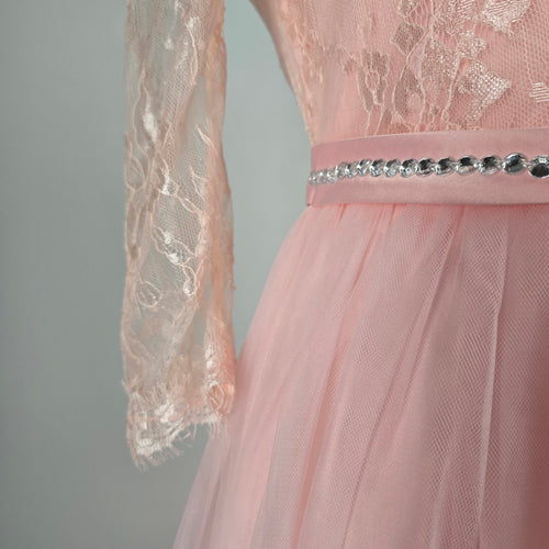 Blush Pink Lace Long Sleeve Tulle Formal Maxi Gown with Rhinestone Waist - Size XS-S