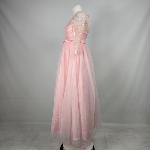 Blush Pink Lace Long Sleeve Tulle Formal Maxi Gown with Rhinestone Waist - Size XS-S