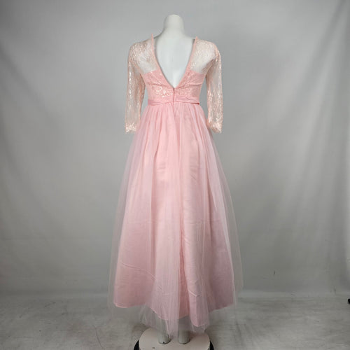 Blush Pink Lace Long Sleeve Tulle Formal Maxi Gown with Rhinestone Waist - Size XS-S