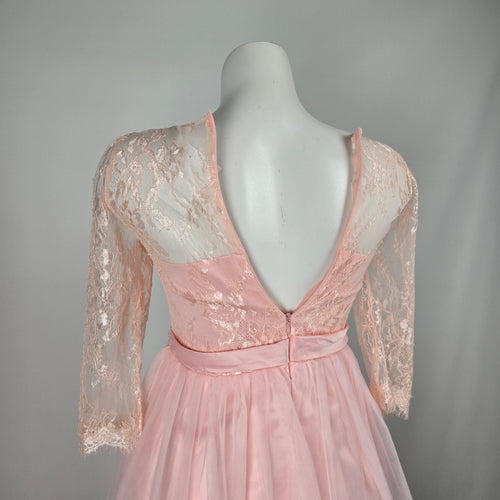 Blush Pink Lace Long Sleeve Tulle Formal Maxi Gown with Rhinestone Waist - Size XS-S