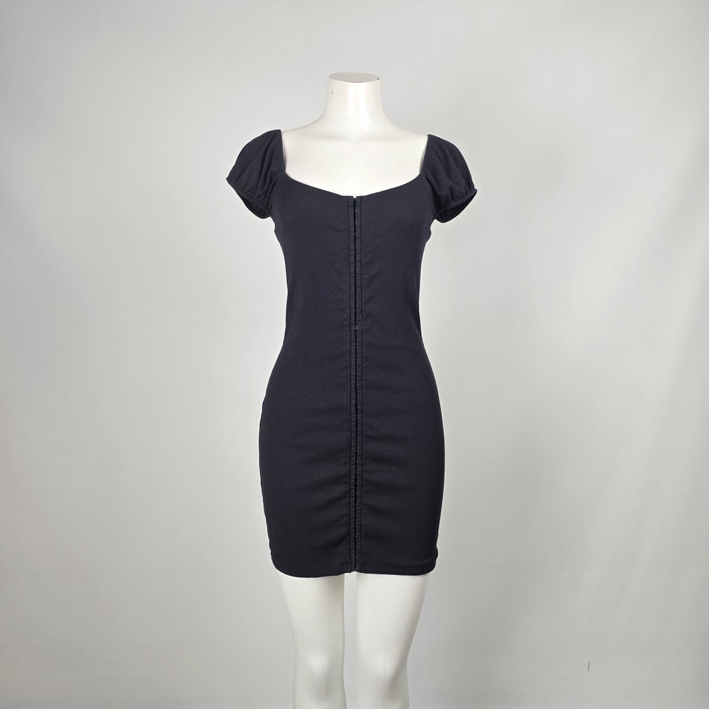 Wilfred Free Fortune Black Ribbed Hook-and-Eye Puff Sleeve Mini Dress - Size L
