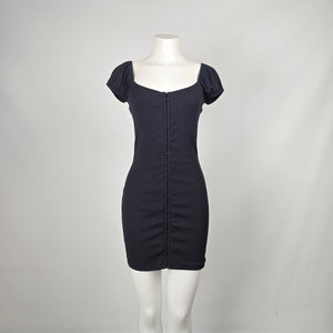 Wilfred Free Fortune Black Ribbed Hook-and-Eye Puff Sleeve Mini Dress - Size L