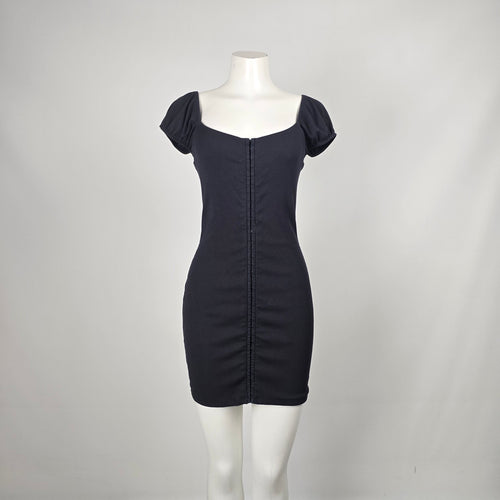 Wilfred Free Fortune Black Ribbed Hook-and-Eye Puff Sleeve Mini Dress - Size L