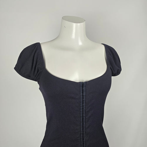 Wilfred Free Fortune Black Ribbed Hook-and-Eye Puff Sleeve Mini Dress - Size L