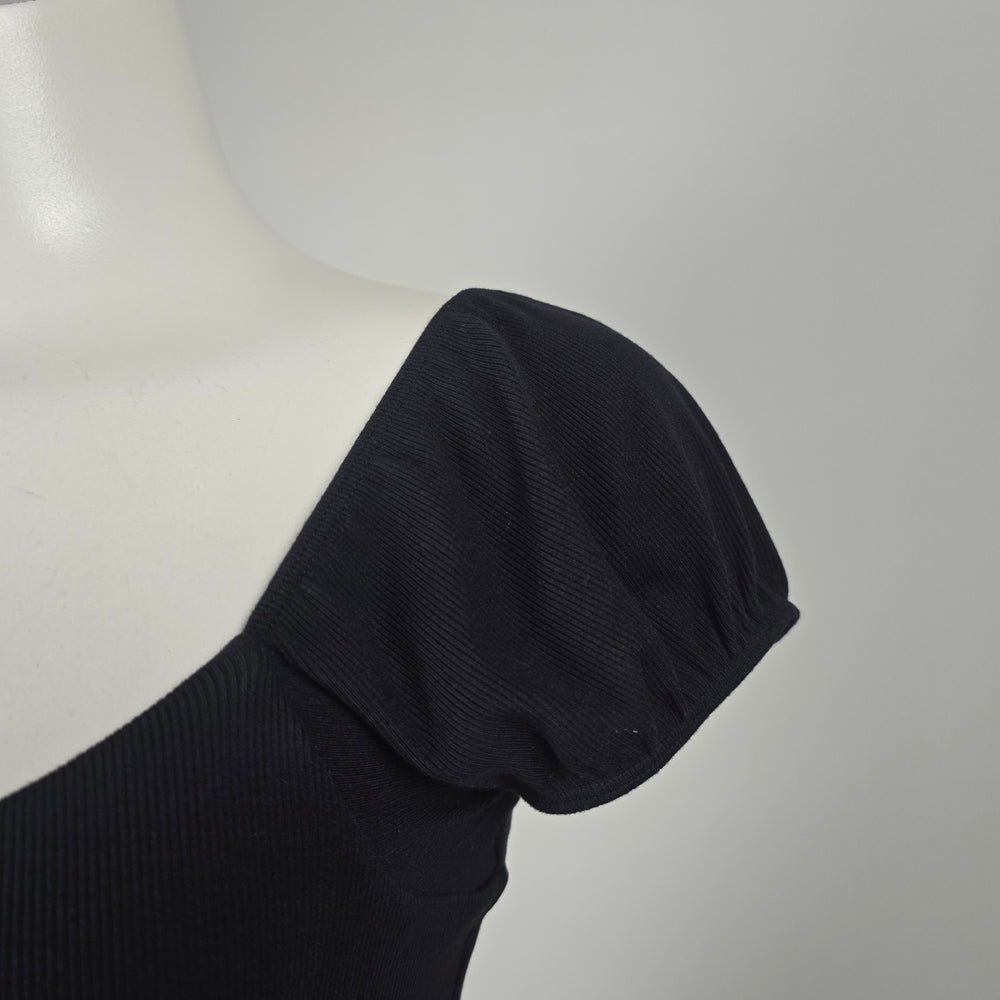 Wilfred Free Fortune Black Ribbed Hook-and-Eye Puff Sleeve Mini Dress - Size L