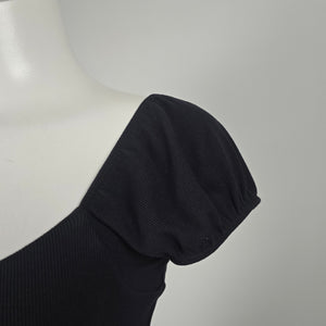 Wilfred Free Fortune Black Ribbed Hook-and-Eye Puff Sleeve Mini Dress - Size L