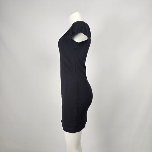 Wilfred Free Fortune Black Ribbed Hook-and-Eye Puff Sleeve Mini Dress - Size L