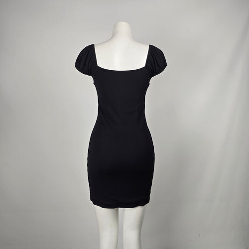 Wilfred Free Fortune Black Ribbed Hook-and-Eye Puff Sleeve Mini Dress - Size L