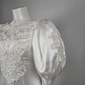 Vintage 80s Ivory Satin Wedding Gown with Lace Train and Back Bow - Size XS-S