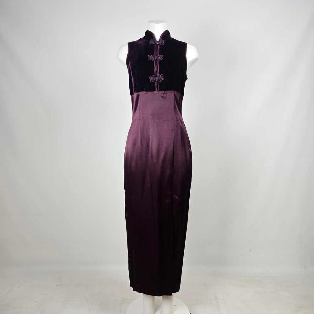 Vintage Purple Velvet Mandarin-Collar Frog-Button Dress - Size S