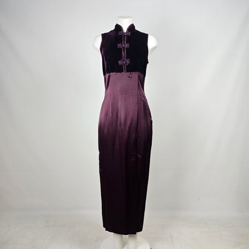 Vintage Purple Velvet Mandarin-Collar Frog-Button Dress - Size S