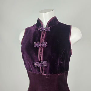 Vintage Purple Velvet Mandarin-Collar Frog-Button Dress - Size S
