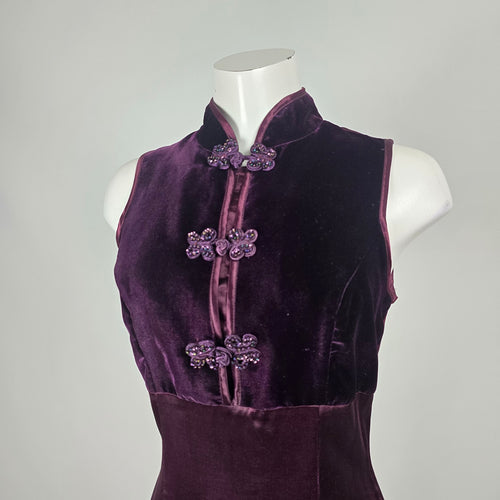 Vintage Purple Velvet Mandarin-Collar Frog-Button Dress - Size S