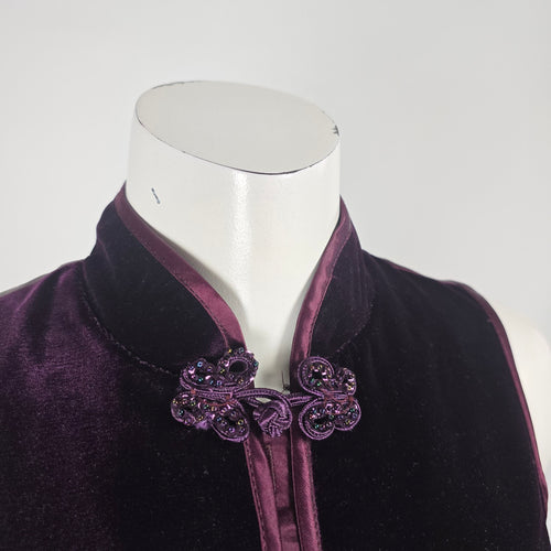 Vintage Purple Velvet Mandarin-Collar Frog-Button Dress - Size S