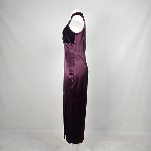 Vintage Purple Velvet Mandarin-Collar Frog-Button Dress - Size S