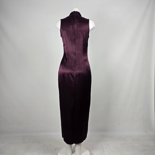 Vintage Purple Velvet Mandarin-Collar Frog-Button Dress - Size S
