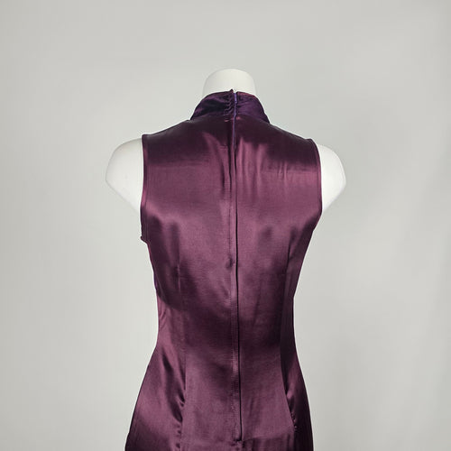 Vintage Purple Velvet Mandarin-Collar Frog-Button Dress - Size S