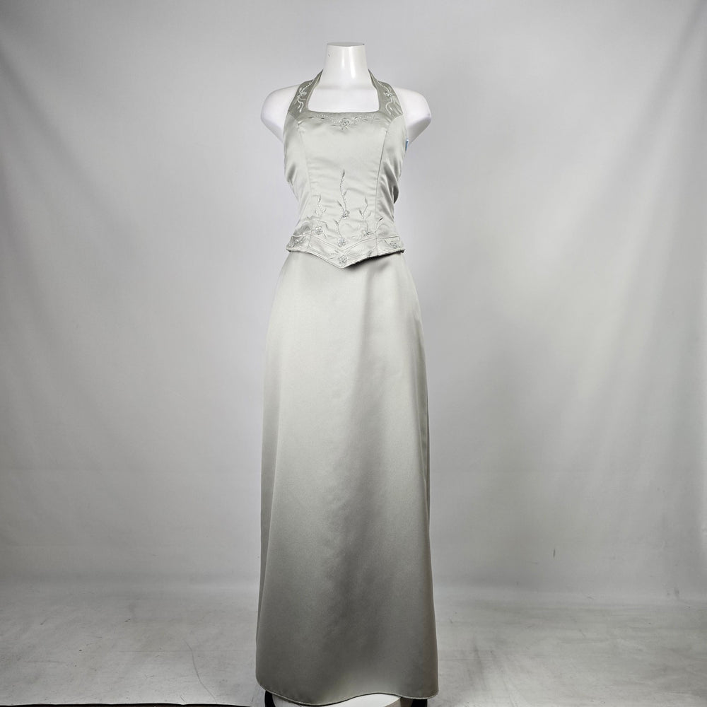Sage Satin Halter Two-Piece Formal Set with Beaded Floral Embroidery - Size S