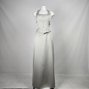 Sage Satin Halter Two-Piece Formal Set with Beaded Floral Embroidery - Size S