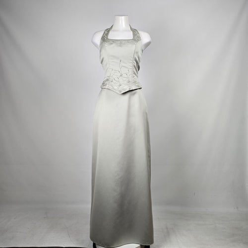 Sage Satin Halter Two-Piece Formal Set with Beaded Floral Embroidery - Size S