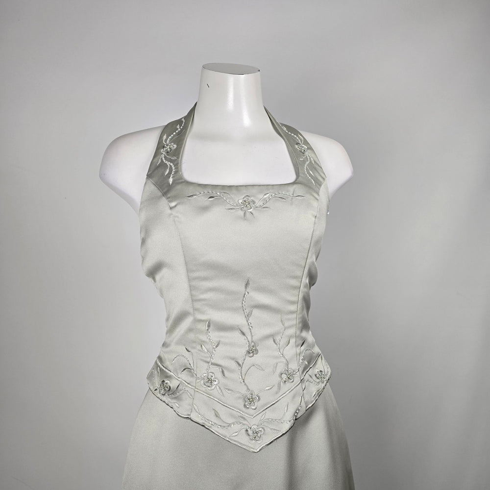 Sage Satin Halter Two-Piece Formal Set with Beaded Floral Embroidery - Size S