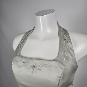 Sage Satin Halter Two-Piece Formal Set with Beaded Floral Embroidery - Size S
