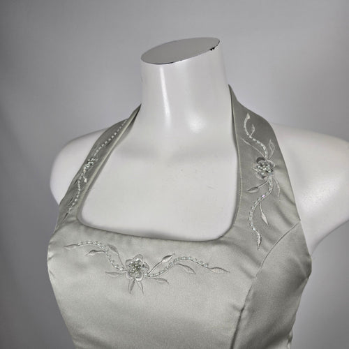 Sage Satin Halter Two-Piece Formal Set with Beaded Floral Embroidery - Size S