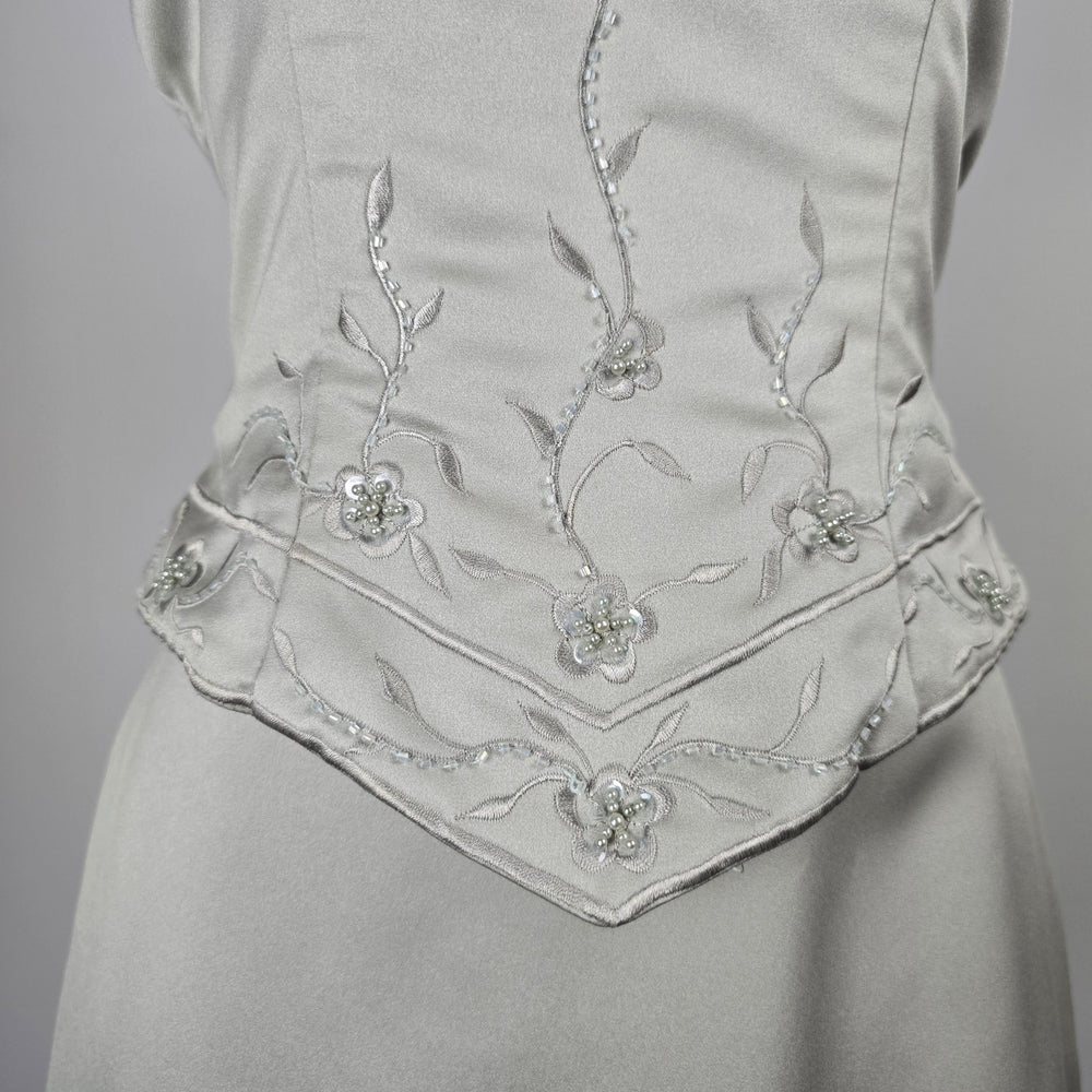 Sage Satin Halter Two-Piece Formal Set with Beaded Floral Embroidery - Size S