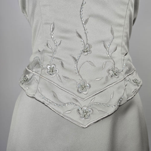Sage Satin Halter Two-Piece Formal Set with Beaded Floral Embroidery - Size S