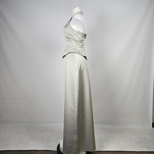 Sage Satin Halter Two-Piece Formal Set with Beaded Floral Embroidery - Size S