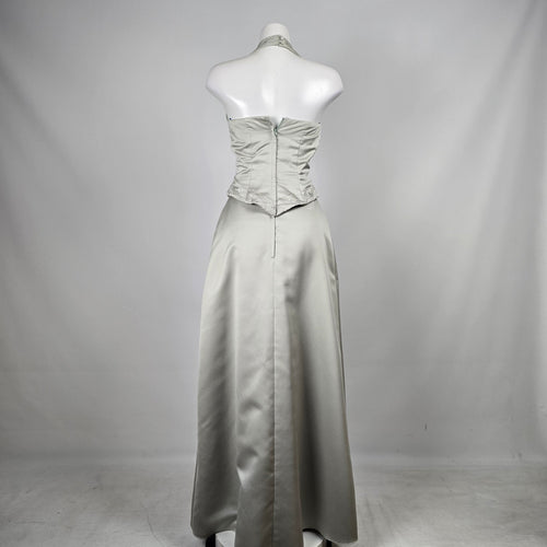 Sage Satin Halter Two-Piece Formal Set with Beaded Floral Embroidery - Size S