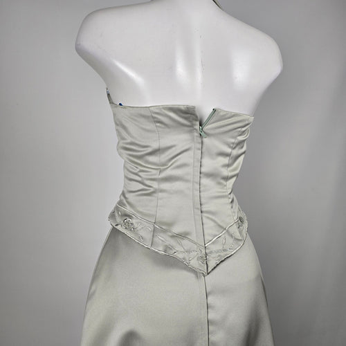 Sage Satin Halter Two-Piece Formal Set with Beaded Floral Embroidery - Size S