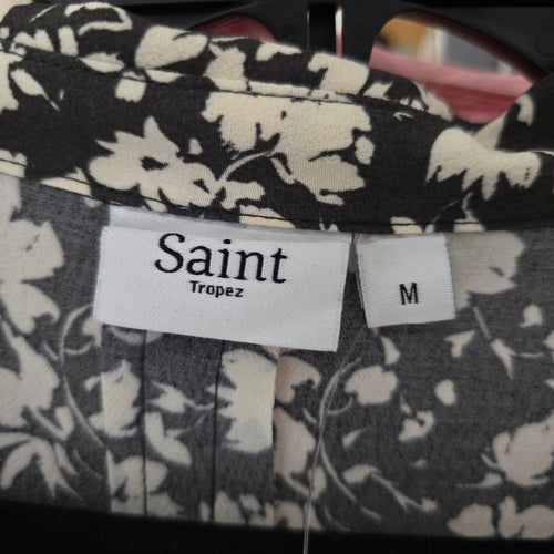 Saint Tropez Black & Cream Floral Button-Front Tie-Waist Midi Dress - Size M