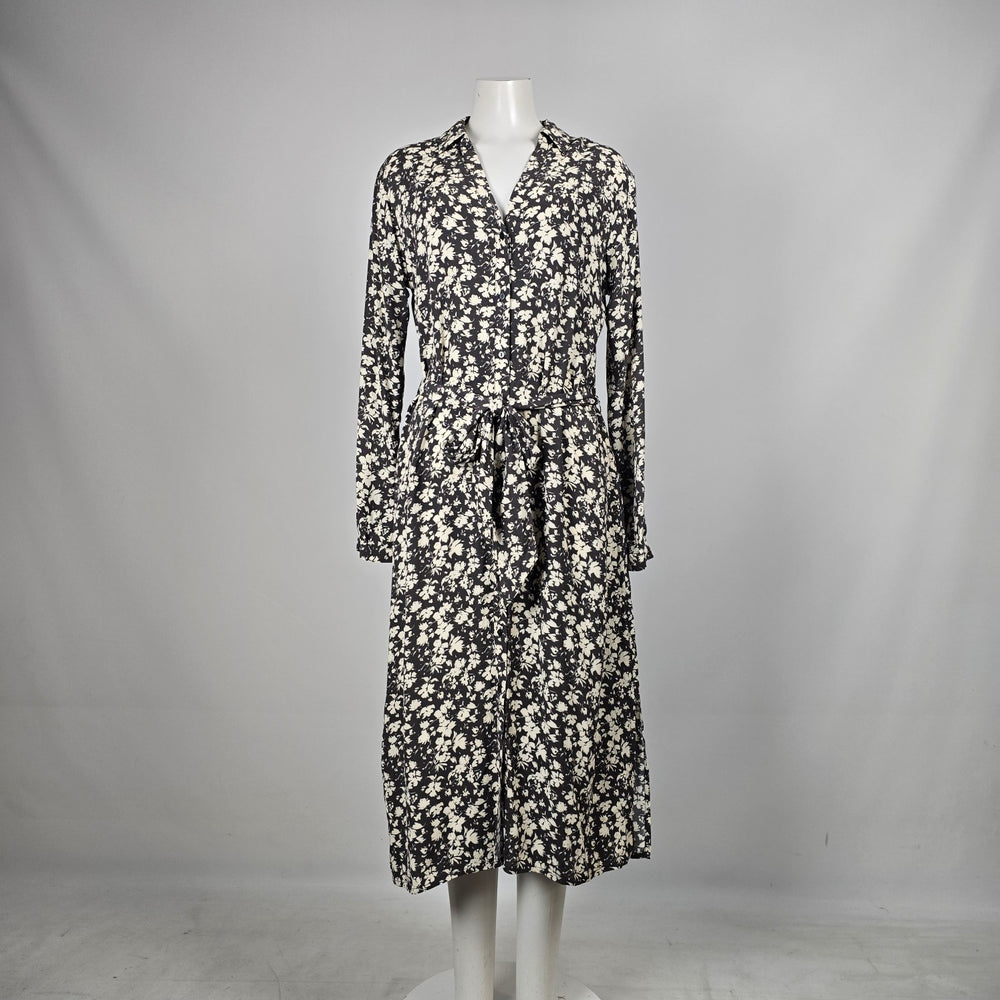 Saint Tropez Black & Cream Floral Button-Front Tie-Waist Midi Dress - Size M