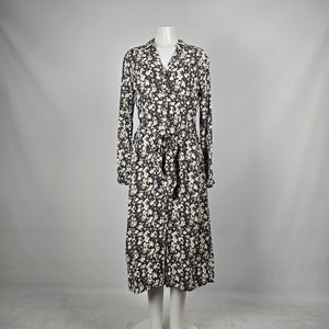 Saint Tropez Black & Cream Floral Button-Front Tie-Waist Midi Dress - Size M