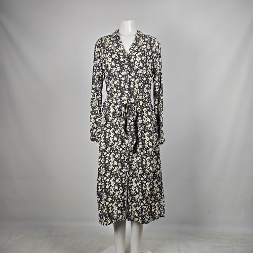 Saint Tropez Black & Cream Floral Button-Front Tie-Waist Midi Dress - Size M