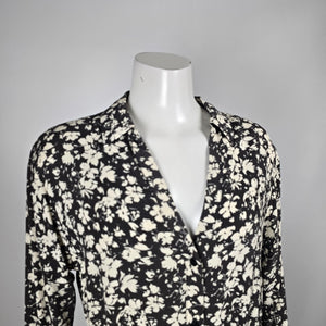 Saint Tropez Black & Cream Floral Button-Front Tie-Waist Midi Dress - Size M
